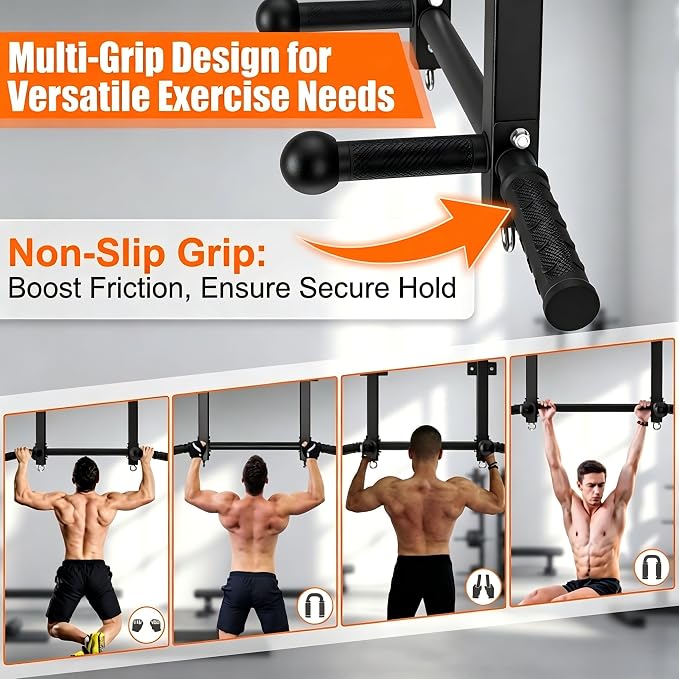 Joist Mounted Pull Up Bar, 650LB Load, Fit 16" Ceiling Beam Spacing | Multi-Grip with Finger Balls, 2 Suspension Rings, Fit Solid Concrete and Wood Mount, Home Gym, Garage & Basement