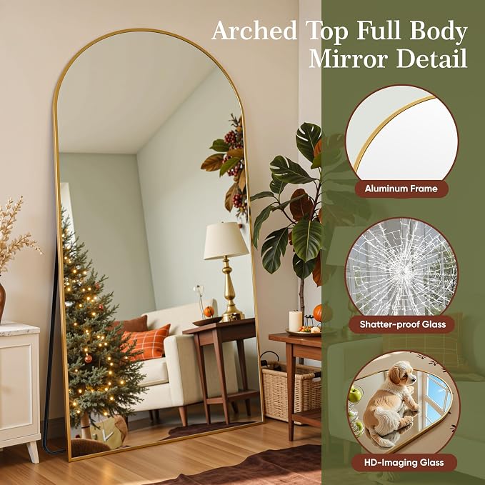 Full Length Mirror, 82"x44" Arched Full Body Mirror, Oversized Floor Mirrors, Leaning Free Standing Mirrors, Hanging Mounted Large Mirrors for Bedroom Dressing Room, Cloakroom, Gold