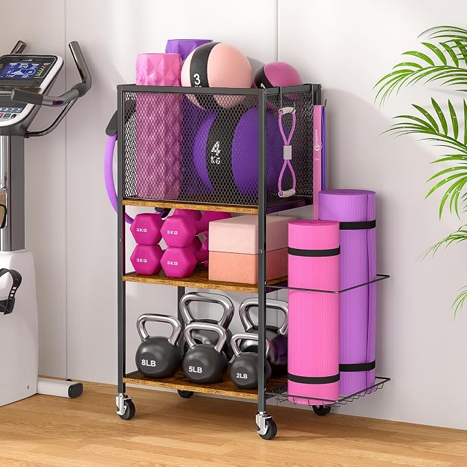 Dumbbell Rack, Yoga Mat Storage Holder, Home Gym Storage Rack, Workout Equipment Storage Organizer, Weight Storage Holder Rack with Hooks and Wheels