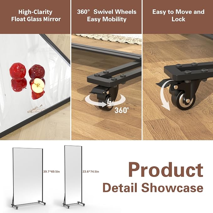 ANYHI Full Length Mirror on Wheels, 360° Swivel Full Body Rolling Mirror | 23.6"X74.5" Workout Mirror, HD Glass, Sturdy Metal Frame, Smooth Rolling Casters, Ideal For Gym, Bedroom, Dance Studio & Yoga