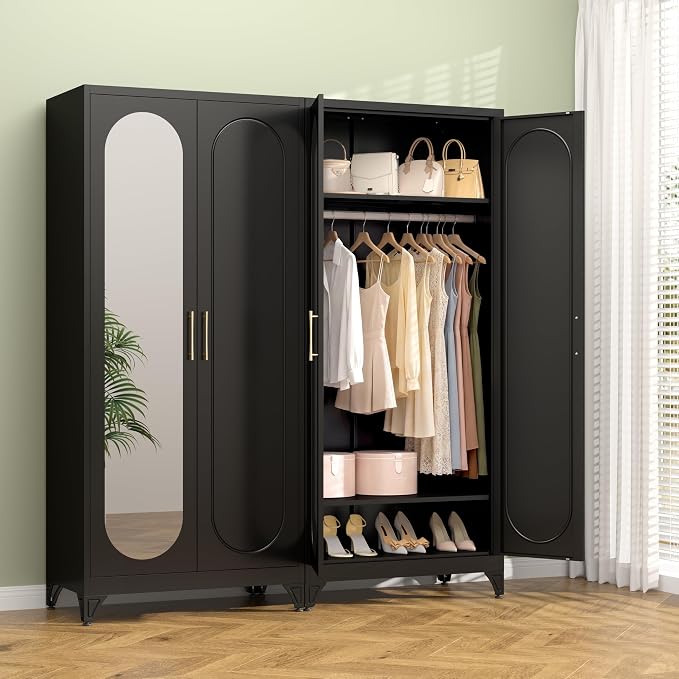 Polup Metal Armoire Wardrobe Closet with Mirror, Clothing Storage Cabinet | 71" Heavy Duty Steel Wardrobe Cabinet with Hanging Rod & Adjustable Shelves for Bedroom, Office, Clothes Organizer, Black