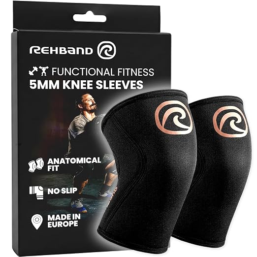 Rehband 5mm Knee Sleeves for Functional Training, Cross-Training & Powerlifting, Weightlifting Knee Support made of Neoprene, Unisex, Colour:Copper/Black - 1 Pair, Size:Small