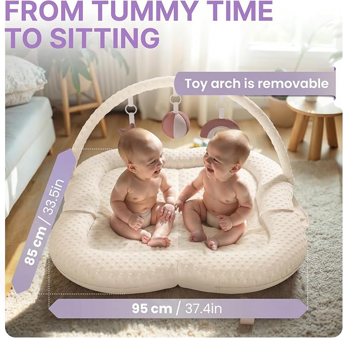 Twins Baby Play Mats for Floor Activity Gym - 5-in-1 Support Cushion Baby Play Mat Tummy Time Mat for Supervised Bonding with Arch, Plush Toys, Flashcards & Developmental Book - Beige