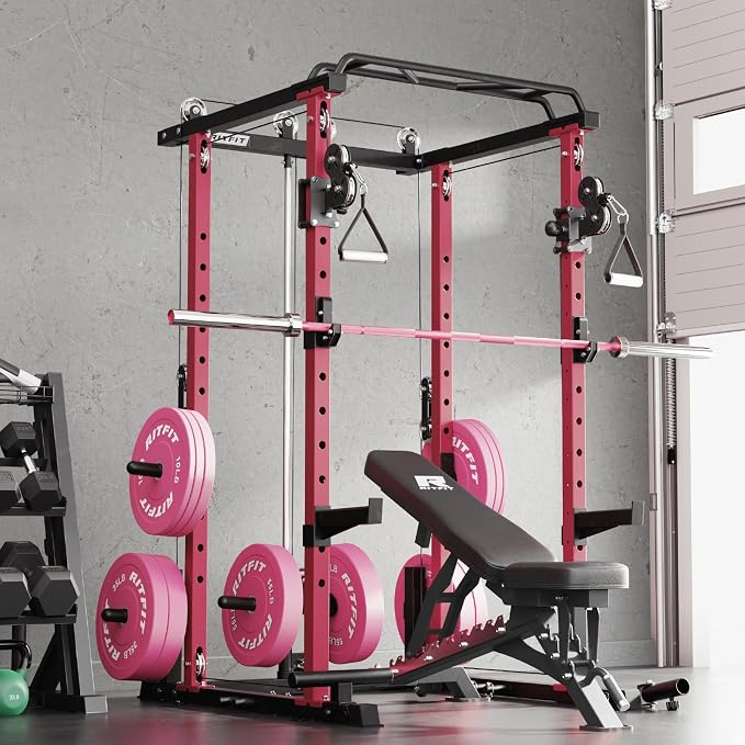RitFit PPC-P3 Power Cage with Cable Crossover System, 1200LB Capacity | LAT Pulldown & Cable Crossover System with Bumper Plate Set, Olympic Barbell, Bench
