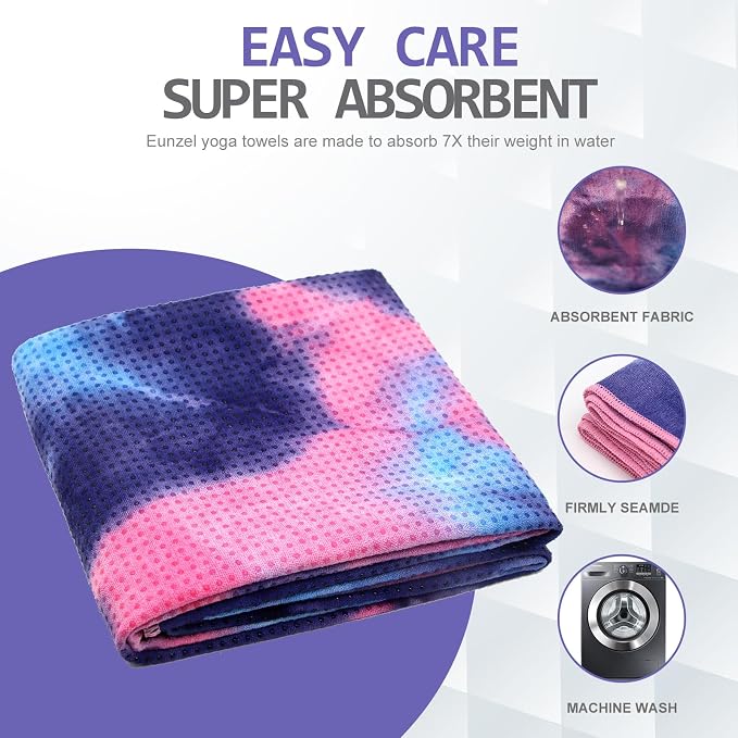 Eunzel Hot Yoga Towel - Microfiber Non Slip Yoga Mat Towel with Grip Dot Sweat Absorbent Towel for Hot Yoga, Pilates and Fitness 72" x 24", Purple & Blue/Pink