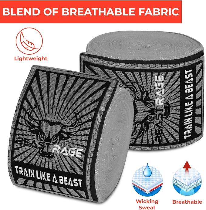 BEAST RAGE Boxing Hand Wraps for MMA Kickboxing Wrist Wraps Professional Adult 180" Semi-Elastic Martial Arts Inner Gloves Heavy Bag Handwraps Muay Thai Thumb Straps