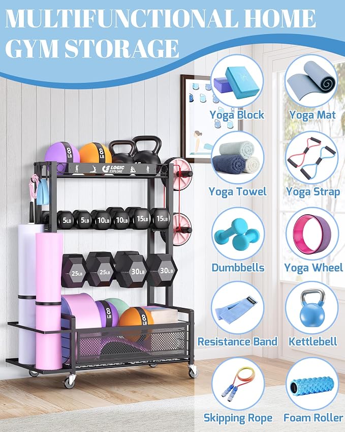 Dumbbell Rack Weight Storage Rack | Adjustable Weight Rack with Wheels, for Home Gym, for Dumbbells, Kettlebells, Yoga Mat, Foam Roller,Workout Equipment