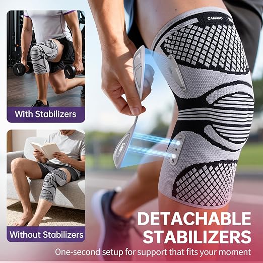 CAMBIVO Knee Brace for Men and Women with Side Stabilizers, Snap-on Detachable Support - 2025 Red Dot Award Winner Lightweight Knee Compression Sleeve for Meniscus Tear, ACL, Running