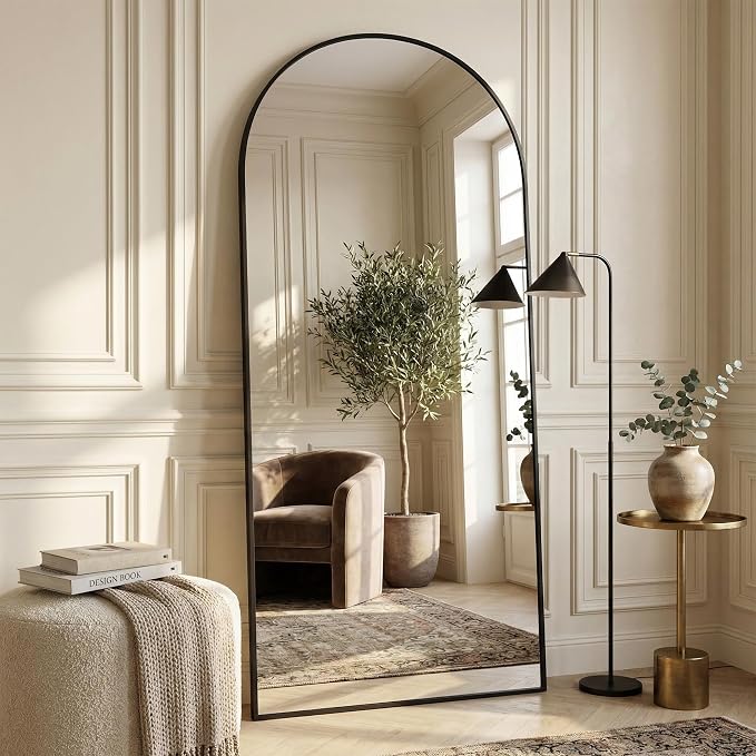 Suidia 76"x34" Arched Full Length Mirror with Stand, Full Body Mirror with Aluminum Frame, Freestanding/Leaning/Wall-Mounted, Floor Mirrors for Bedroom, Living Room, Entryway, Dressing Room, Black