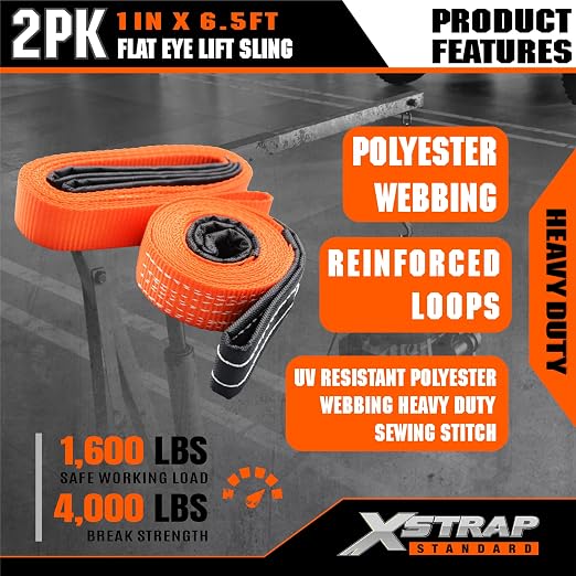 XSTRAP STANDARD 2PK 1"x6.5ft Lifting Sling Straps 2000 lb Vertical Capacity | 1600 lbs Choker / 4000 lbs Basket Capacity, 5:1 Safety Factor Polyester Web Slings for Rigging, Hoist, Tree Stump Removal