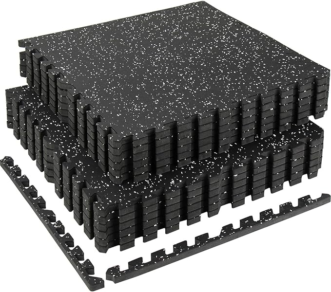 0.56" Rubber Top Gym Flooring, 12 Tiles 48 Sq Ft Heavy Duty Interlocking Gym Mats for Home Gym, Non-Slip High Density EVA Foam Workout Mat, Protect Floors from Weights, 24x24in, Black/White