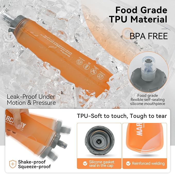 MARCHWAY Soft Hydration Flask with Wide Mouth, 300ml/500ml Collapsible TPU Water Bottle, Leakproof Portable Flexible for Running, Hiking, Cycling, Climbing, Gym, Travel (2pcs Orange 300ml)