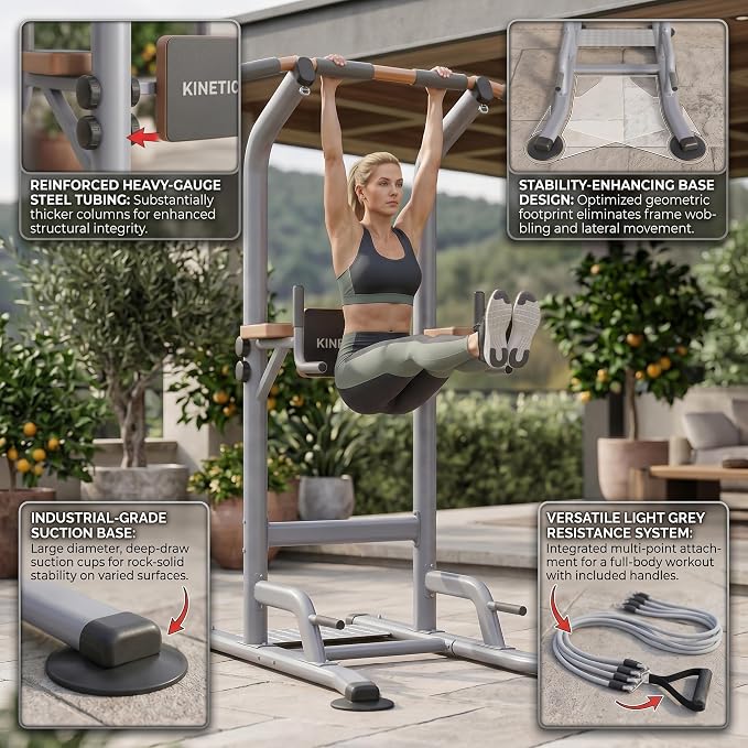 Multi-Function Power Tower Pull Up Bar Station with Pilates Resistance Bands, 450LBS Stable Pull Up Dip Station with Push Up Handles for Home Gym Strength Training Equipment