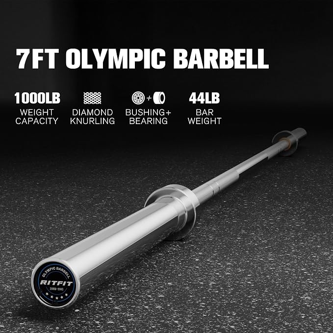 RitFit Elite 7ft Olympic Barbell, Robust 45lb Barbell for Weightlifting and Powerlifting, Superior Olympic Bar with Exceptional 500lbs Load Capacity, Weight Bar for 2” Standard Plates