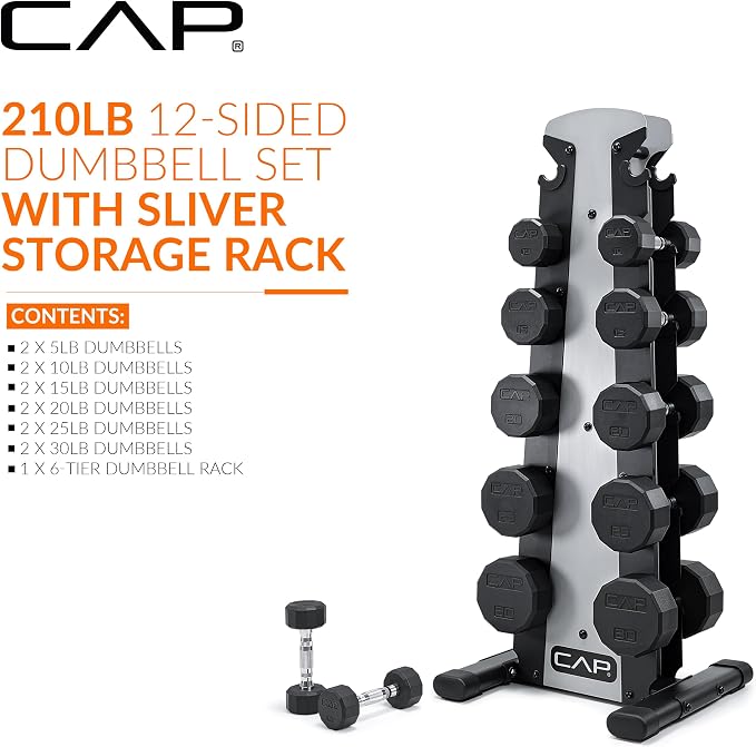 CAP Rubber Coated Hex Dumbbell Set with Storage Rack | 100–210 lb Options, Space-Saving Vertical Compact Storage for Home Gym Strength Training