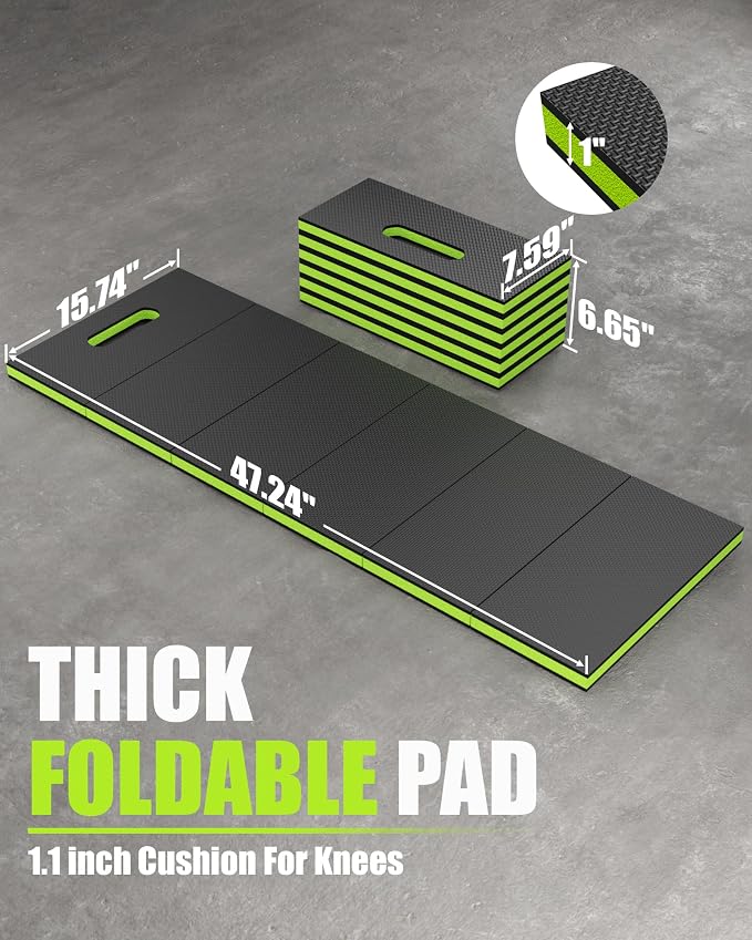 Folding Kneeling Pad, 1 Inch Thick Compact Mechanic Mat, Green | 47.24 x 15.74 Inch 6-Panel Firm Foam Pad with Tool Pockets, Carry Handle and Water-Resistant Textured Surface