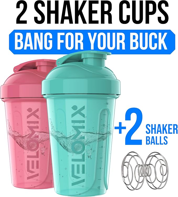 VELOMIX 2 Pack 20oz Protein Shaker Bottle for Protein Mixes, Pink/Turquoise | 2x Wire Whisk, Leak Proof Shaker Cups for Protein Shakes, Stackable, Dishwasher safe, BPA free, Pre Workout and Gym ready