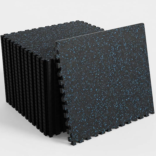 96 Sq Ft Rubber Top Gym Flooring for Home Gym, Black/Blue | 24 Tiles, High Density EVA Foam, Waterproof & Non-Slip Rubber, 0.4" Interlocking Puzzle Mats, Floor Protection, 24"x24"
