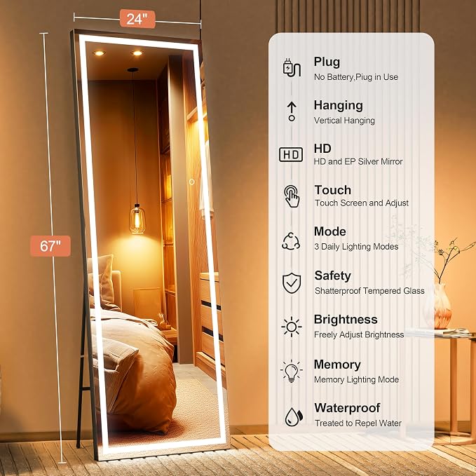 67" x 24" Full Length Mirror with Lights, LED Lighted Floor Standing Body Mirror, Dimmable & 3 Color Lighting for Bedroom, Cloakroom, Dressing Room, Tempered Glass, Black Frame