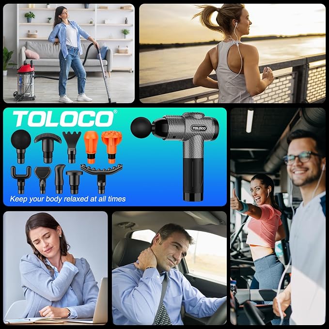 TOLOCO Massage Gun, Deep Tissue Back Massage for Athletes for Pain Relief, Percussion Massager with 10 Massages Heads & Silent Brushless Motor, Fathers Day Dad Gifts, Carbon