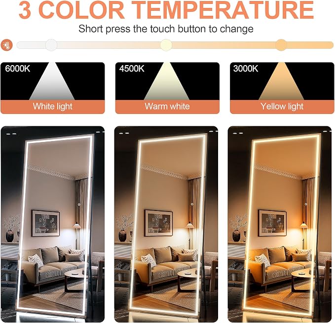 75" x 28" Full Length Mirror with Lights, LED Lighted Floor Standing Body Mirror, Dimmable & 3 Color Lighting for Bedroom, Cloakroom, Dressing Room, Tempered Glass, Black Frame