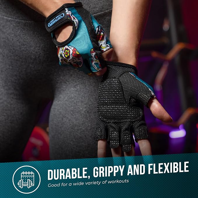 Contraband Pink Label 5237 Womens Designer Workout Gloves | Sugar Skull Print w/Grip-Lock™ Padding (Green, Medium)