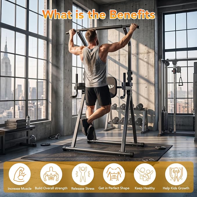 YYJO Foldable Pull Up Bar Free Standing Multi-function Power Tower Dip Bar with Assistance Bands Home Gym Strength Training Equipment