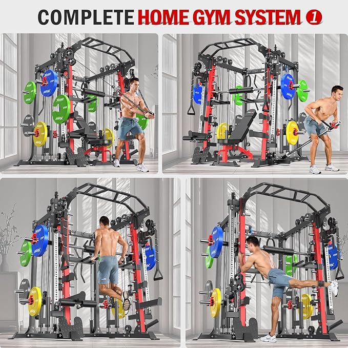 Multi-Purpose Squat Rack,Smith Machine Weight Rack Set with Cable Crossover System, Home Gym Power Racks, Power Racks and Packages