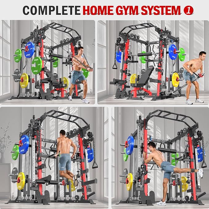 Smith Machine，Multi-Function Squat Rack Power Cage with Cable Crossover System,with Optional Weight Bench, Olympic Barbell Weight Set, for Home Gym