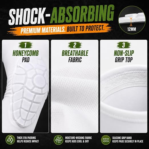 AceList Kids Knee Pads for Youth Ages 4-15, Honeycomb Padded Knee Sleeves for Basketball Baseball Football Volleyball Wrestling Cycling, Anti-Slip Stay-Up Protective Gear, 1 Pair (Size M White)