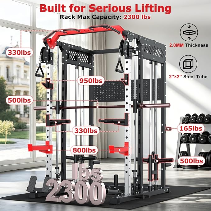 XDDIAS Smith Machine with Power Rack, 2300LBS Home Gym System with Dual Pulley Cable Crossover, Squat Rack with LAT Pulldown, Adjustable Power Cage for Strength Training, Full Body Workout Equipment