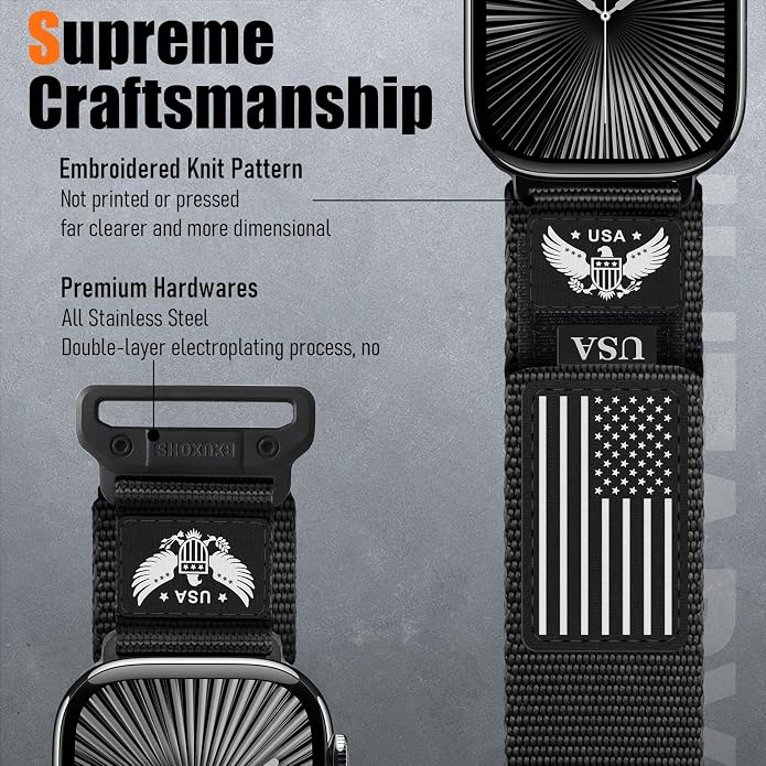 Rugged Nylon- Compatible with Apple Watch Ultra 3/ Ultra 2 Band 49mm Men,Tactical Soft Woven Stars- Stripes Flag Sport Strap for iWatch Bands 46mm 45mm 44mm 42mm Series 11 10 9 8 7 6 5 4 3 2 1 Se