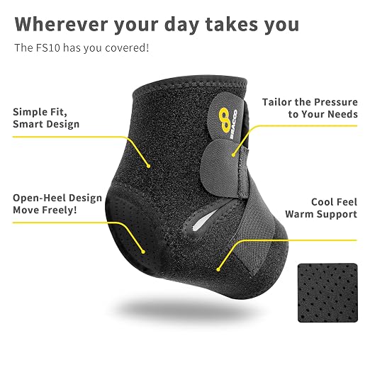 Bracoo Ankle Support Brace For Men & Women, Adjustable Compression Sleeve Strap Wrap, Sprain, Arthritis, Pain Relief, Sports Injuries and Recovery, Breathable Neoprene Brace, FS10 (Classic Black, One Size)
