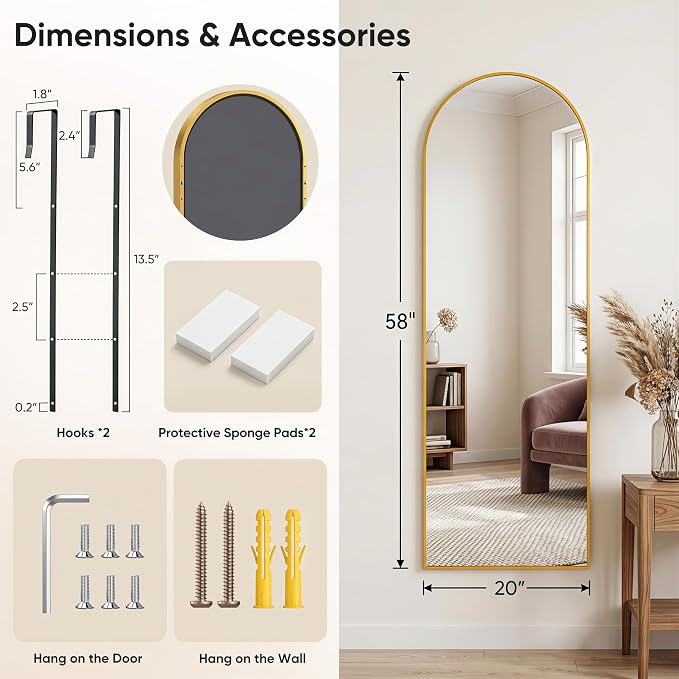 58"x20" Over The Door Mirror, Arched Full Length Mirror with Aluminum Frame, Adjustable Hooks, Wall Mounted or Standing for Bedroom Living Room, Gold