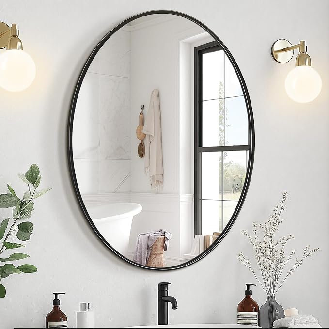 Oval Bathroom Vanity Mirror for Wall, 28''x22'' Black Oval Bathroom Mirror for Over Sink, Bedroom, Living Room, Entryway, HD Tempered Glass, Wall Mounted Horizontally or Vertically