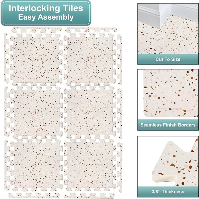 Sorbus Wood Grain Floor Mats Foam Interlocking Mats Each Tile 1 Square Foot 3/8-Inch Thick Flooring Wood Mat Tiles - Home Office Playroom Basement Trade Show (16 Tiles,16 Sq ft, Terrazzo)