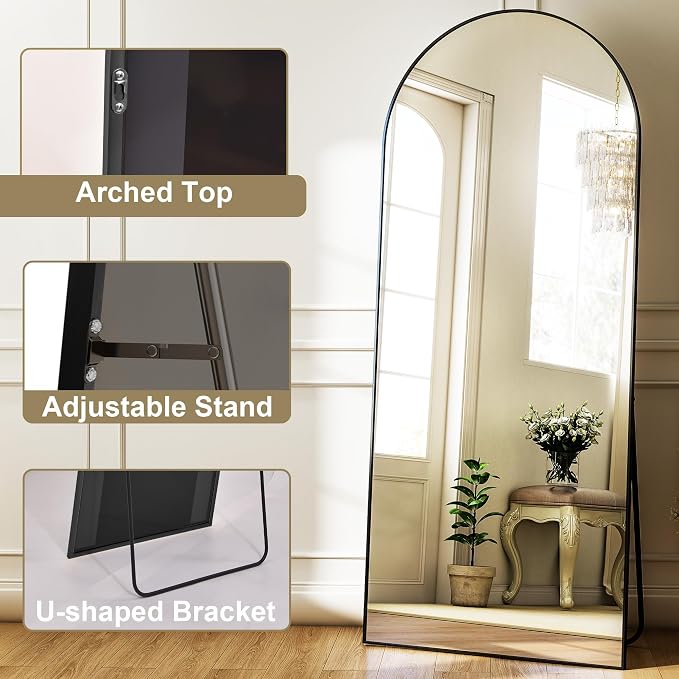 Arched Full Length Mirror 69"x25" Leaning Hanging Decor Black | Standing Body Mirror with Aluminum Frame for Bedroom Cloakroom Living Room Make-up Gift