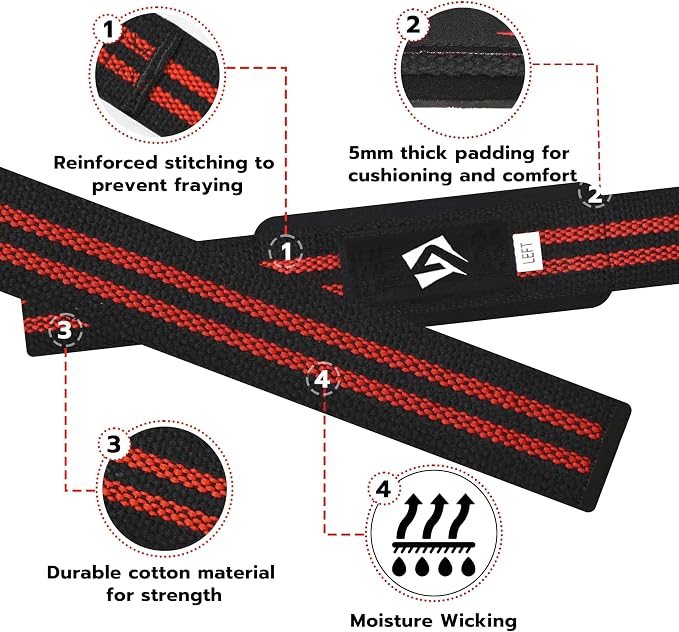 AQF Weight Lifting Straps, Padded Cotton Gym Wrist Straps for Deadlifts | 23" Extra-Long, Heavy-Duty Webbing, 5mm Neoprene Cushioning, Open-Loop Design, Sold as Pair, Ideal for Rows & Pull Workout