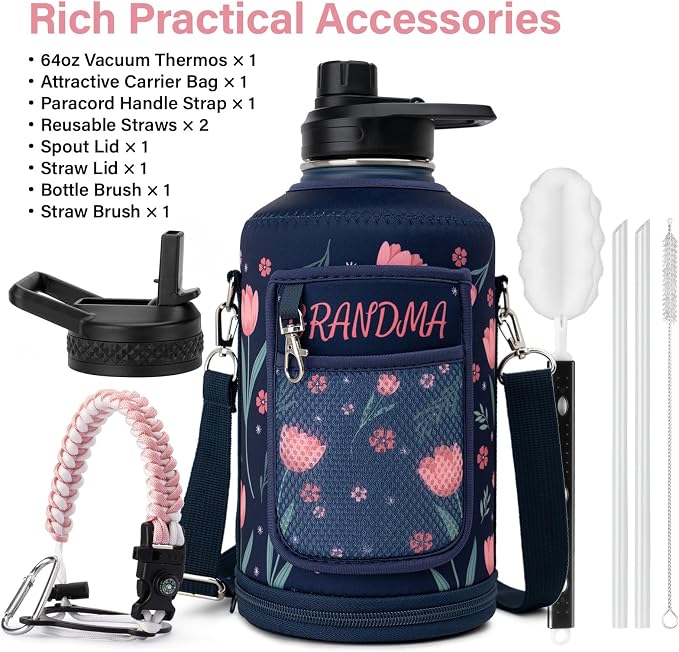 DYSANKY Grandma's Water Bottle Gift– 64 oz Insulated Stainless Steel Bottle with Carrier Bag, Strap & Gift Box – BPA-Free – Ideal for Hiking, Camping & Travel 64 oz