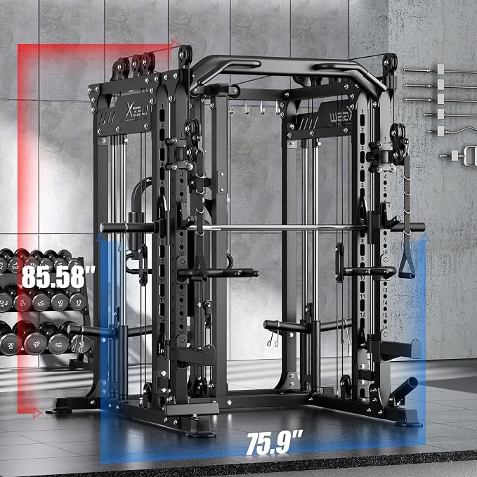 Smith Machine with Cable Crossover System, Multi-Function Power Cage Squat Rack for Home Gym, Power Rack and Packages Weight Sets.
