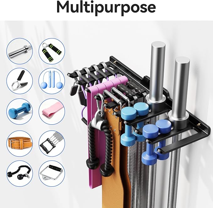 Wall-Mounted Home Gym Equipment Storage Rack for Resistance Bands, Barbell Bars, Cable Attachments, Lifting Belts, Jump Ropes, and Chains