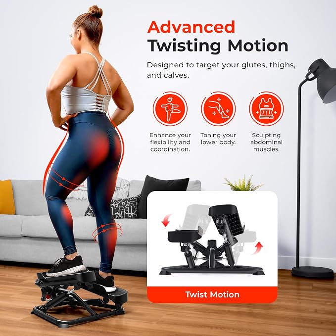 Sunny Health & Fitness Twist Stair Stepper with Resistance Bands | Low-Impact, Side-Twist Motion, Adjustable Step Height, Hydraulic Resistance, SunnyFit App, Up to 350 lb Capacity