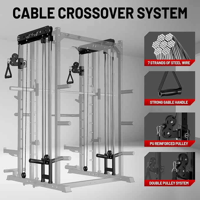JELENS Smith Machine for Home Gym, Multi-Function M12 Power Cage with Cable Crossover System, Squat Rack with Smith Bar and More Attachment