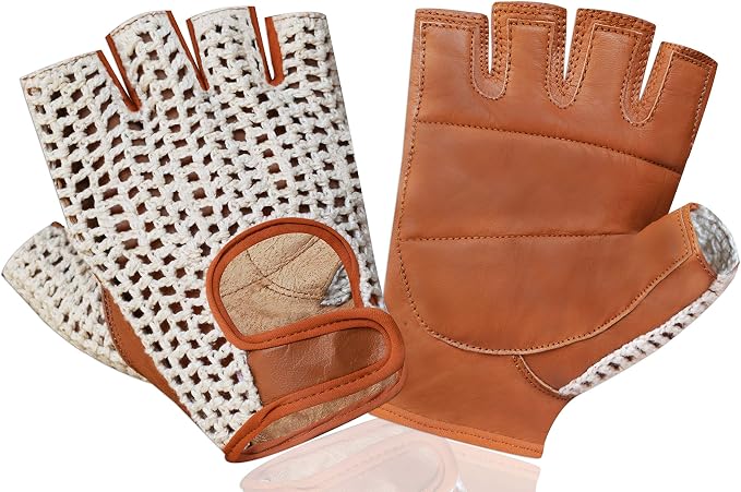 Retro Leather Crochet Cycling Gloves - Classic Tan