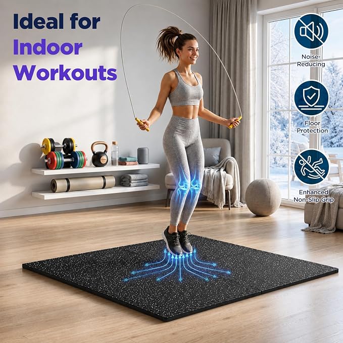 24 Sq Ft Rubber Top Gym Flooring for Home Gym, Black/White | 6 Tiles, High Density EVA Foam, Waterproof & Non-Slip Rubber, 0.4" Interlocking Puzzle Mats, Floor Protection, 24"x24"