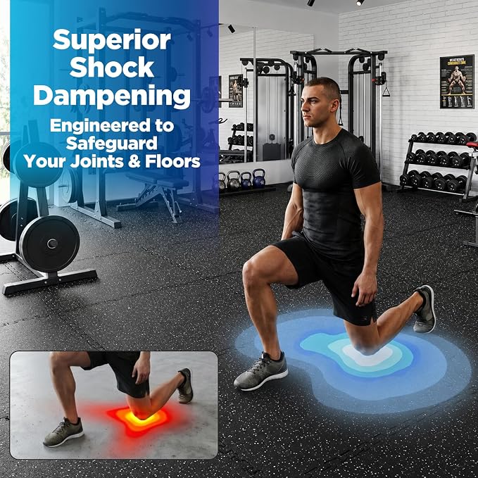 1'' Thick 96 Sq Ft Protective Gym Flooring for Home Gym, 24 Tiles Extra-Thick Rubber Top with High Density EVA Foam, Interlocking Exercise Equipment Mats, Heavy Weight Workout, Black & White
