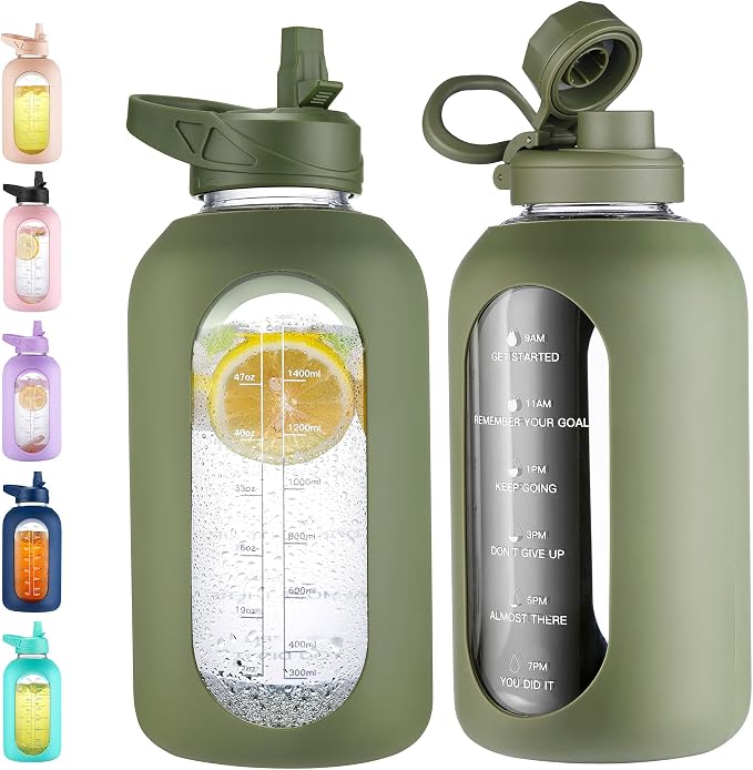 CIVAGO 64 oz Glass Water Bottle with Straw, Half Gallon Large Water Jug | Motivational, Time Marker, Leakproof Lids, Wide Mouth, Flask Cup with Handle and Silicone Sleeve, for Juices, Army