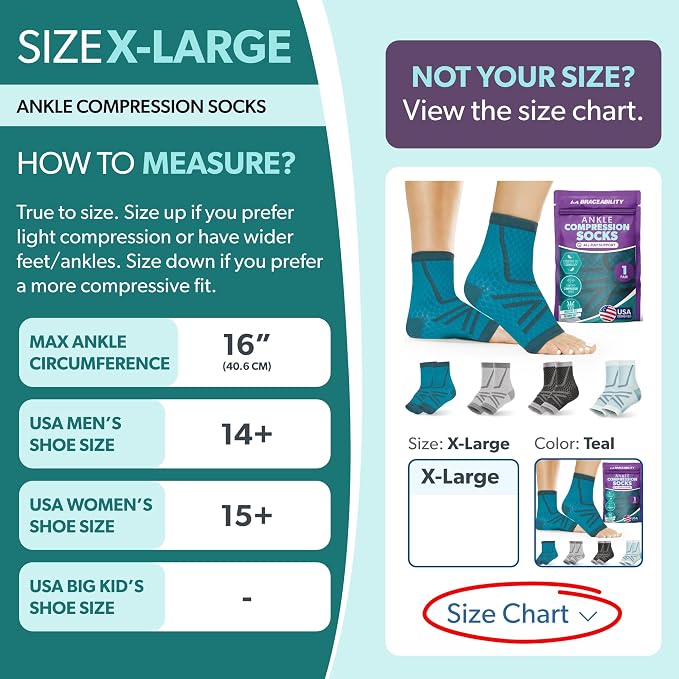 BraceAbility Athletic Ankle Compression Socks for Men or Women - Toeless Running Ankle Brace Support Sleeves for Sports, Workout, Plantar Fasciitis, Achilles Tendonitis, Foot Pain Relief (XL - Teal)