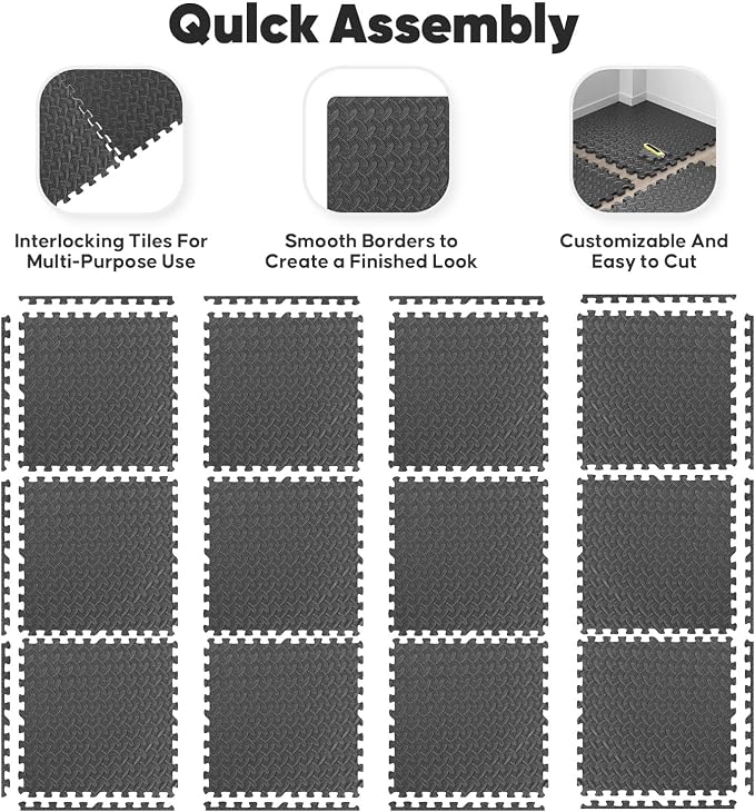 12 Pack 48 sqft Home Gym Mat, Puzzle Exercise Mat, EVA Interlocking Foam Floor Tiles for Home Workout Equipment and Kids' Play Areas - Black, 24 in x 24 in x ½ in - 12 Tiles (Black, 12 Pack, 48 SQ FT)