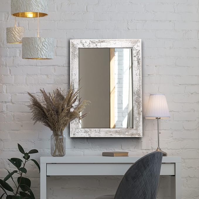 Syndra Rectangular Mirror with Frame Rustic 20x28‘’ Wall Mounted Rustic Vanity Mirror with Large Wood Frame Farmhouse Bathroom Mirror, for Bedroom, Living Room, Entryway Wall Decor(White)